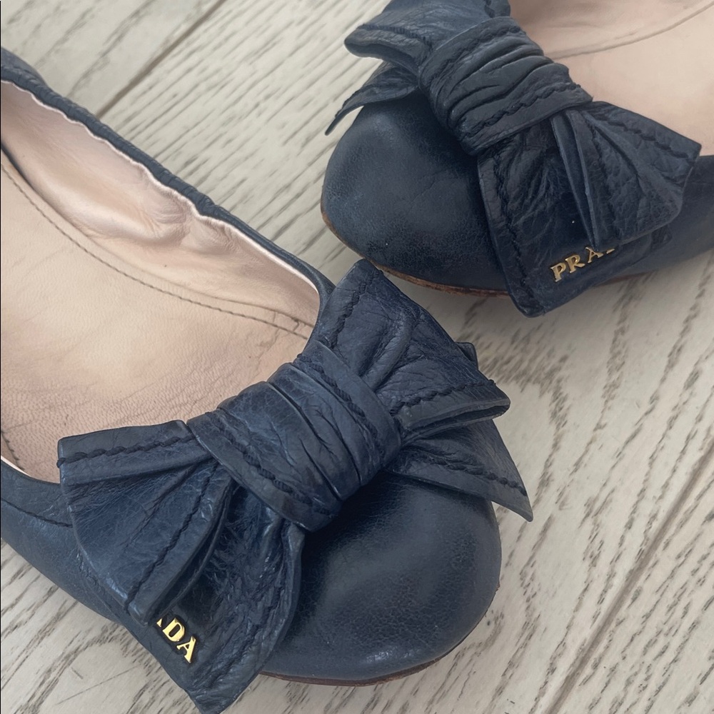 Prada Dark Blue Leather Bow Flats